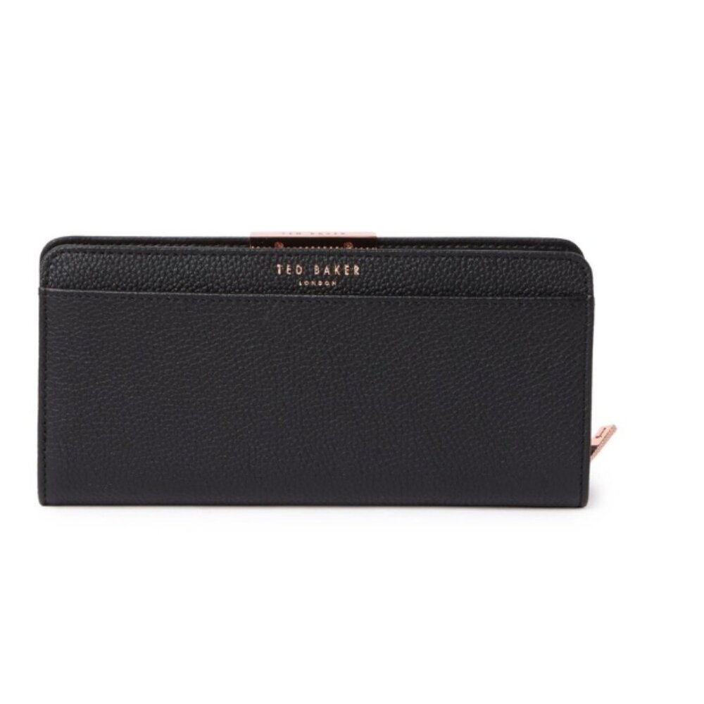 Ted Baker Black Pebble Leather Wallet Rose Gold Zipper RFID